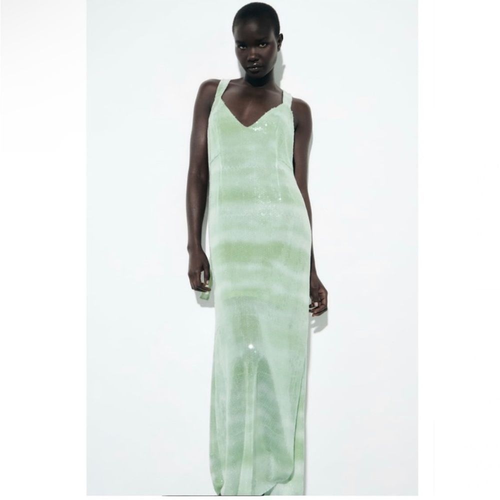 Zara Light Mint Green V-Neck Slip Maxi Dress